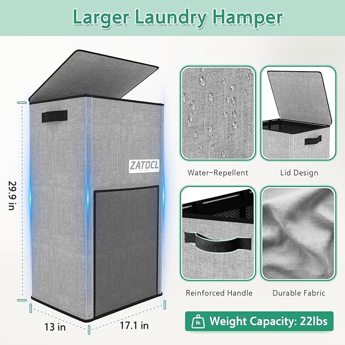 Laundry Hamper with Lid 110L, Large & Tall Laundry Basket with Removable Bag & Front Mesh Bag, Collapsible Dirty Clothes Hampers for Bedroom Aesthetic, Bathroom, Dorm, Laundry Room - Easy Carry, Grey