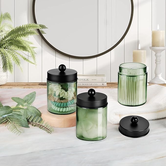 3 Pack Apothecary Jar Canisters Bathroom Vanity Organizer - Qtip Holder Storage Organizer Set Countertop Canister with Stainless Steel Lids &Cute Stickers for Qtips,Cotton Swabs,Makeup Sponges,Floss