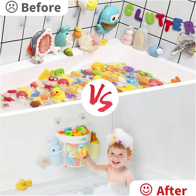 Hanging Bath Toy Storage - Large Opening Quick Dry Mesh Bath Toy Holder with 2 Side Pockets and Bottom Zipper, Space-Saving Bath Toy Organizer for Kids Bathtubs - White
