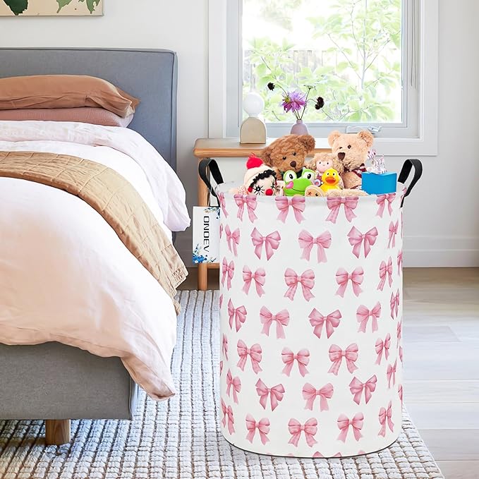 Round Foldable Girls' Storage Basket Kids Laundry Hamper Pink Gift Basket Suitable For Home Decoration Office and Toy Storage(Pink Knot)