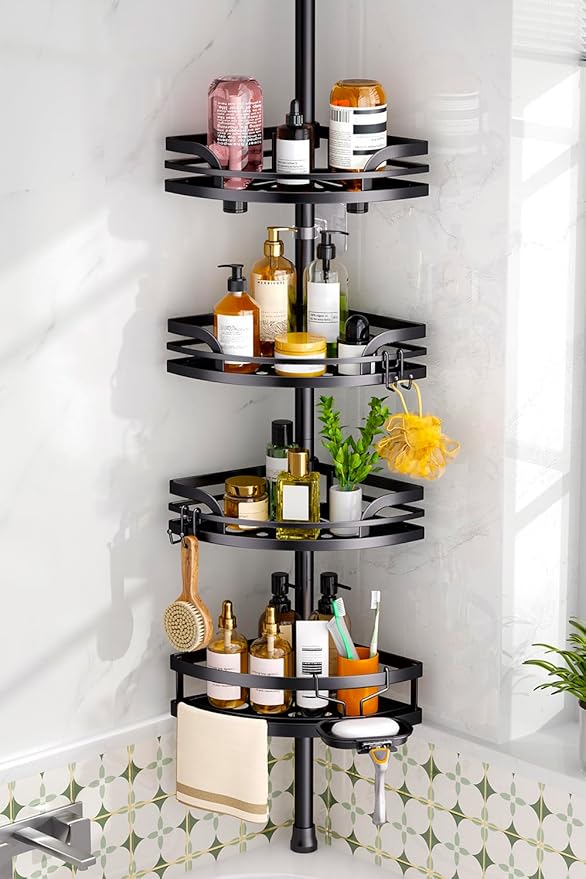 HAMITOR Shower Caddy Tension Pole: Rustproof Bathroom Corner Shelf for Renters, 47-121inches Adjustable Organizer with Soap Holder-Large Capacity Rack for Shampoo Storage Home Accessory - Black