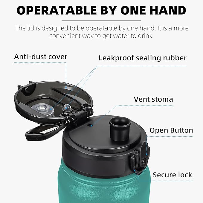 Fanhaw 20 oz Insulated Stainless Steel Water Bottle with Anti-Dust Chug Lid, Leakproof Vacuum Metal Bottle for Kids, Women & Men (Green Blue)