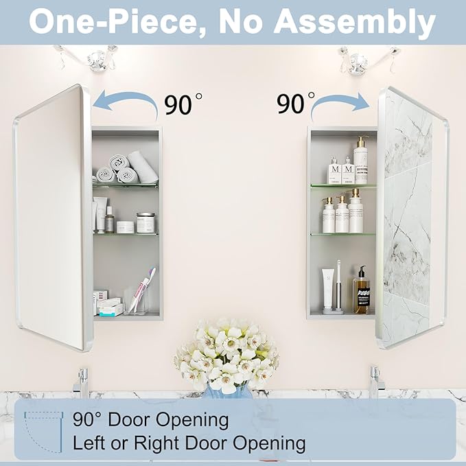 16x24 Inch Medicine Cabinet with Mirror for Bathroom, Silver Aluminum Bathroom Medicine Cabinet, Recessed or Wall Mount Medicine Chest Over Sink, Modern Farmhouse Style, Fully Assembled