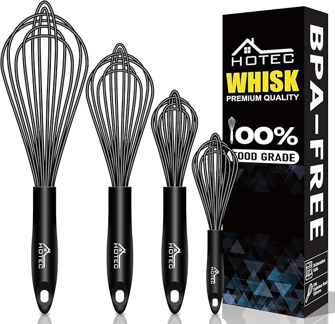 HOTEC 4 Pieces Silicone Whisks Set, Wire Balloon Whisks for cooking Egg Beater, Non-slip Handle Whisk for Non-stick Cookware Perfect for Cooking, Stirring, Beating and Blending,Multicolor