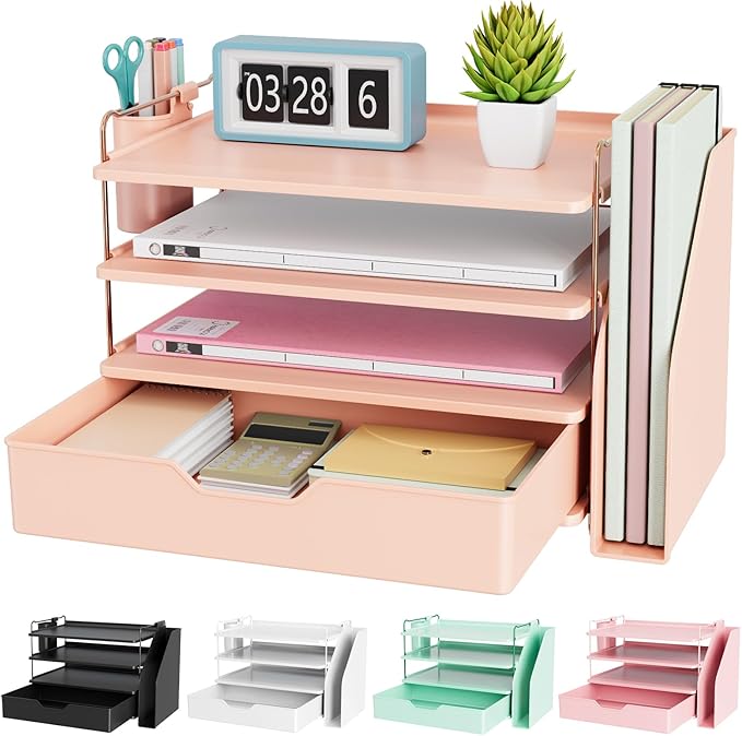 Kitsure Desk Organizer - 4-Tier Office Desk Accessories with Drawer ＆ Pen Holder, Tool-Free Assembly Organizer with Non-Slip Pads, for Office Supplies Storage, Plastic, 13.3" x 8.0" x 10.8", Rose Gold