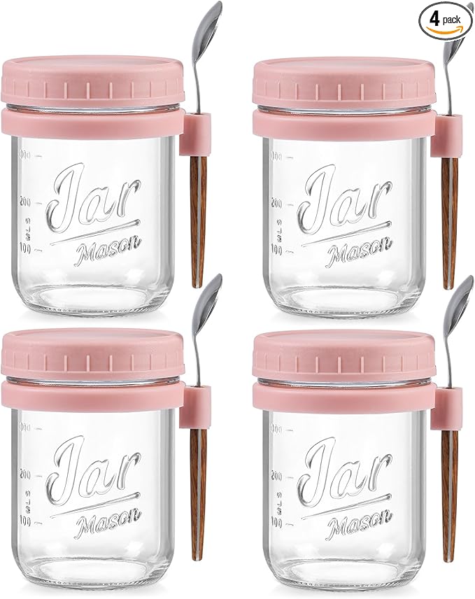 LANDNEOO 4 Pack Overnight Oats Containers with Lids and Spoons, 16 oz Glass Mason Jars with Airtight Lids, Overnight Oats Jars for Milk, Cereal, Fruit-Pink