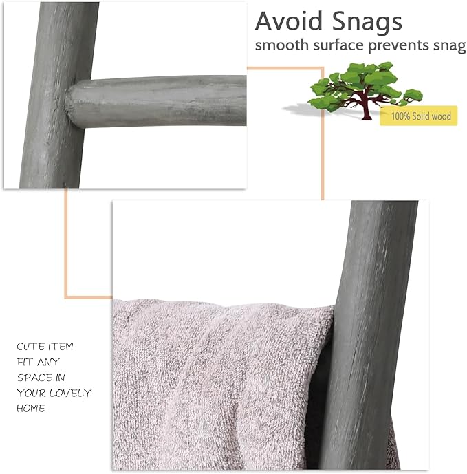 FUIN Fully Assembled 57in Wood Blanket Ladder Living Room Decorative Wall Leaning Farmhouse Quilt Display Holder Rustic Wooden Towel Rack for Bathroom, Dark Gray