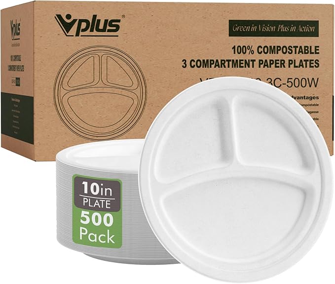 Vplus Compostable Plates, 500 Pack 10 Inch 3 Compartment Plates, White