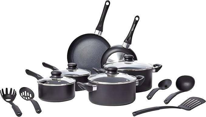 Non-Stick Kitchen Cookware 15-Piece Set with Stay-Cool Handles, Even Heating, Non-Induction, Includes Pots, Pans, and Utensils, Black