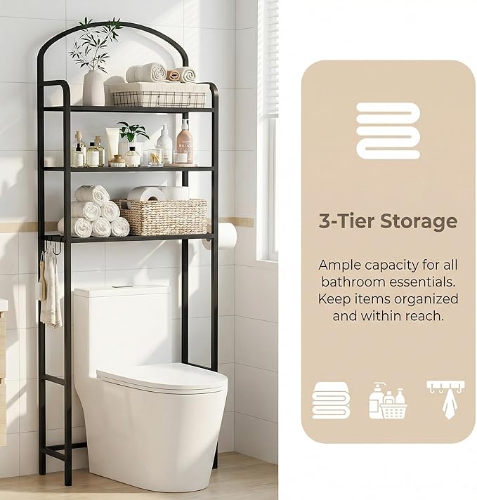 3-Tier Over The Toilet Storage, Bathroom Organizer, Space-Saving, Above Toilet Storage Rack with 4 Hooks and Paper Holder, Metal Shelf, Black