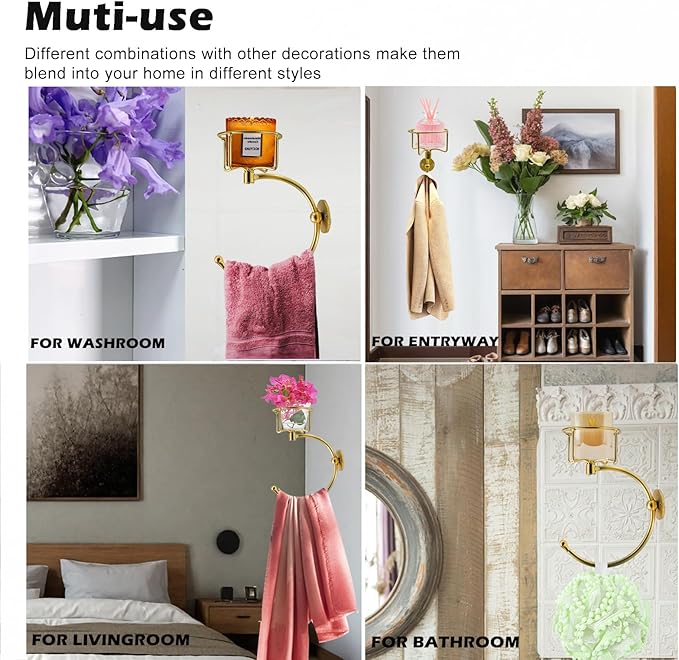 Gold Hand Towel Holder for Bathroom Wall, Towel Hook with Wall Candle Holder,Elegent Towel Ring Rose Gold, Sturdy Towel Rack Wall Mounted Hanger for Bathroom