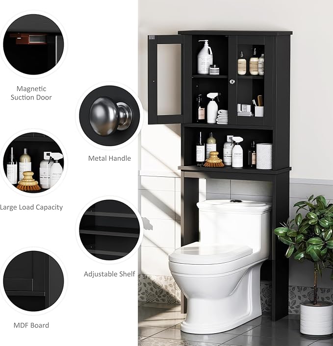 Meilocar Over The Toilet Storage Cabinet for Bathroom, Storage Organizer Over Toilet with Glass Doors, Space Saver for Living Room, Black