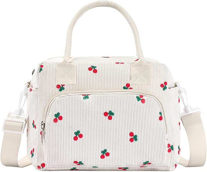 Lunch Bag Women Lunch Box for Women Adult Cute Insulated Lunch Bag Lager Cooler Lunch Tote Bags for Work Picnic (Beige-Cherry)