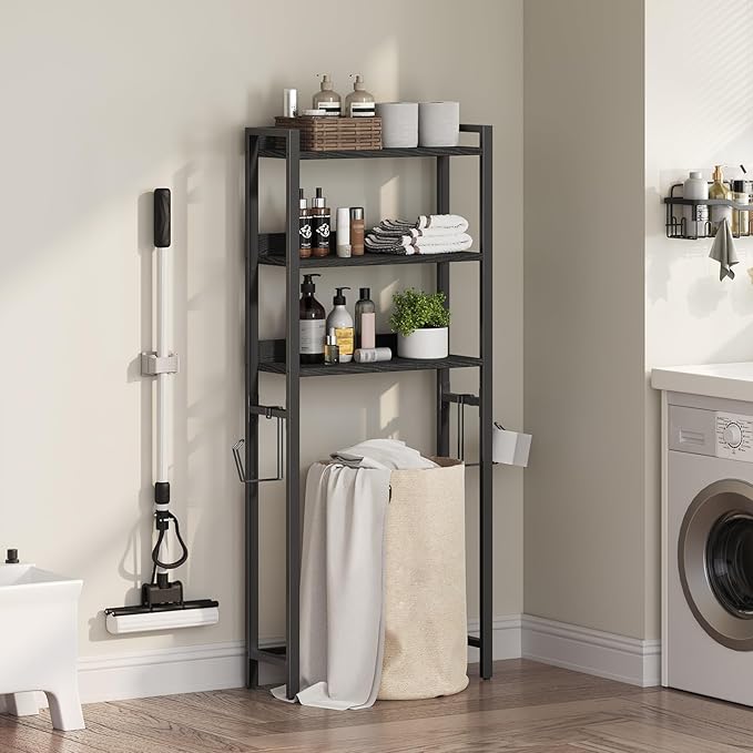 Over The Toilet Storage Rack, 3 Tier Bathroom Organizer Over Toilet, Freestanding Space Saver Toilet Stand with 2 Hooks, Bathroom Storage Shelf, Easy to Assemble, Black TSBK6001