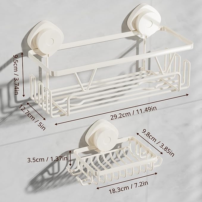 KEGII Suction Cup Shower Caddy, 2 Pack Shower Suction Shelf with Soap Holder & Hooks, No Drilling Bathroom Organizer, Stainless Steel Shampoo Holder for Bathroom Storage Basket, Cream White