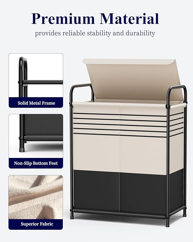 Kitsure Laundry Hamper with Lid - Spacious Double-Section Laundry Basket with Lid & Removable Inner Bags, Portable Clothes Hamper for Bedroom, Bathroom, Dorm, 120L, Black