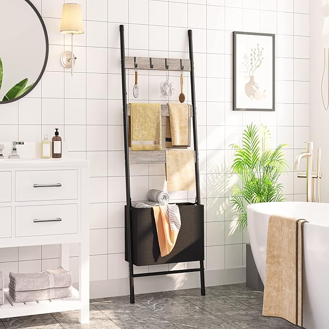 HOOBRO Blanket Ladder with Basket, 17.3”L x 63.4”H, Towel Rack with Hooks, Blanket Holder Rack, Decorative Ladder Shelf, Drying and Display Rack for Bathroom, Living Room, Greige BG31CJ01