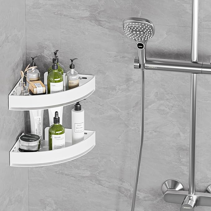 Aluminium Shower Corner Shelves - Rustproof Shower Caddy No Drilling Installation Shampoo Holder, White Shelves for Wall for Bathroom Storage,Holds 20LB