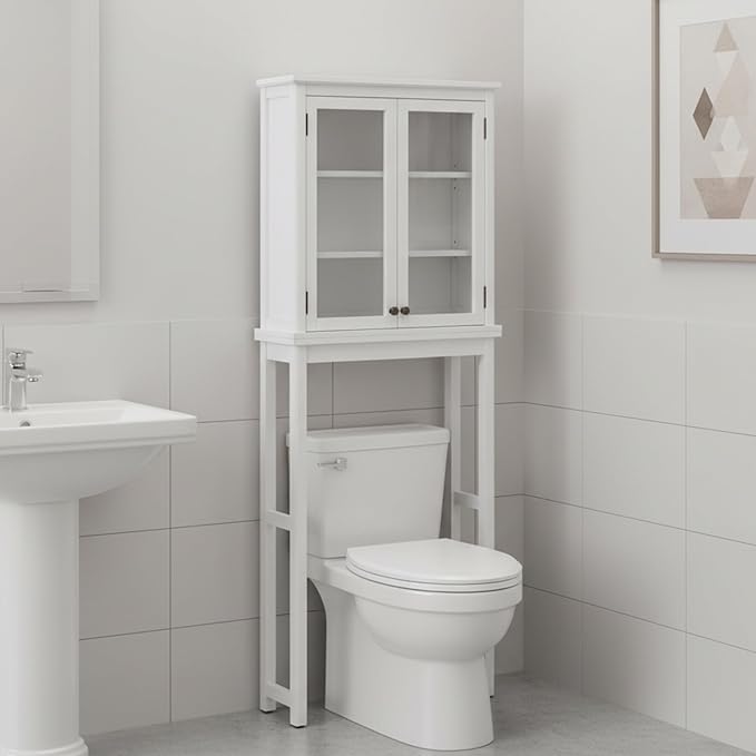 Alaterre Furniture Dorset Over-The-Toilet Storage Cabinet with Tempered Glass Doors – White Wood Bathroom Space Saver Organizer with Adjustable Shelves, Hutch & Wall Mount Hardware
