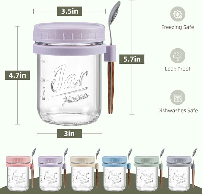 6 Pack Overnight Oats Containers with Lids and Spoons, 16 oz Glass Mason Overnight Oats Jars, Large Capacity Airtight Jars for Milk, Cereal, Fruit