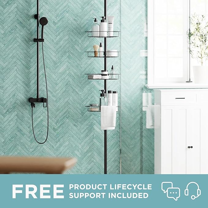 Zenna Home Tension Pole Shower Caddy Corner Organizer, Adjustable Standing Shower Caddy with 4 Baskets, Rust Resistant Bathroom Tension Rod Organizer, 60 to 97 Inch, Matte Black