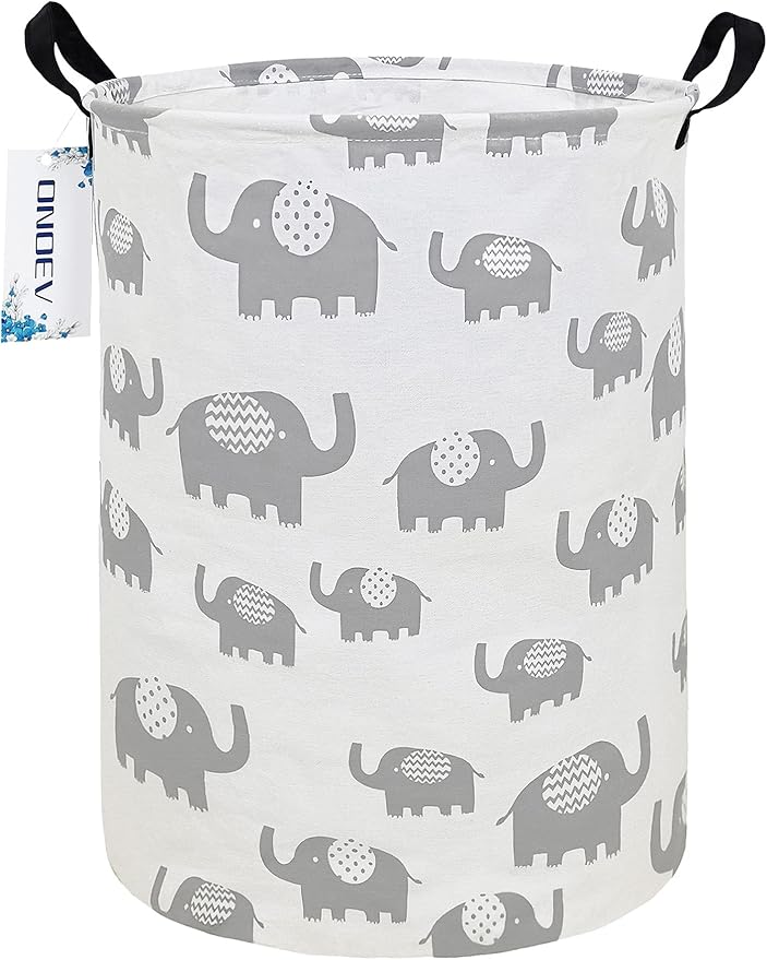 Round waterproof laundry basket gift basket,suitable for children's room and toy storage (Grey Elephant)