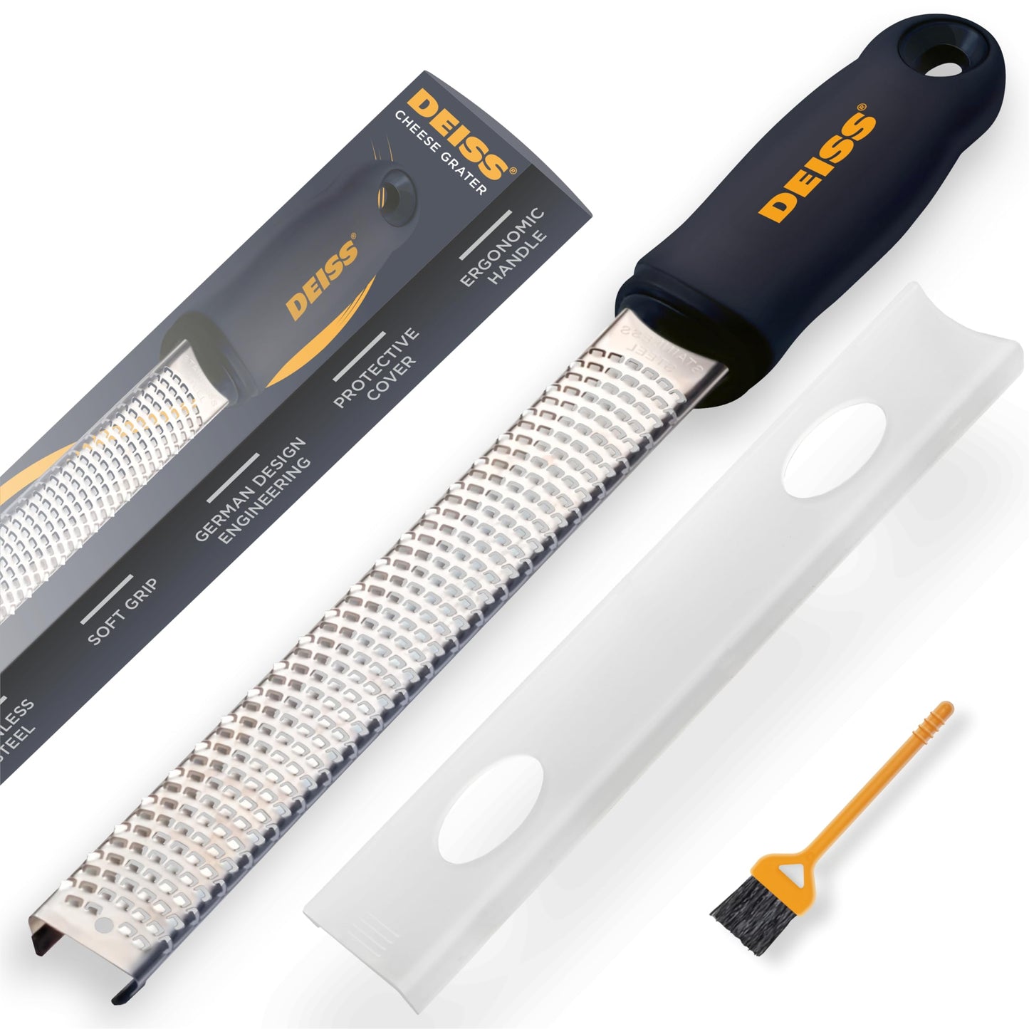 Deiss PRO Citrus Zester & Cheese Grater - Parmesan Cheese Lemon, Ginger, Garlic, Nutmeg, Chocolate, Vegetables, Fruits - Razor-Sharp Stainless Steel Blade, Wide, Dishwasher Safe (BLACK)