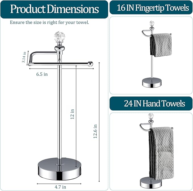 Bath Hand Towel Holder Standing, Stainless Steel Stable Free-Standing Towel Bar for Bathroom Kitchen Countertop, Rustic Towel Ring Stand with Crystal Ball 15.7” H (Polished Chrome, 2 Pack)