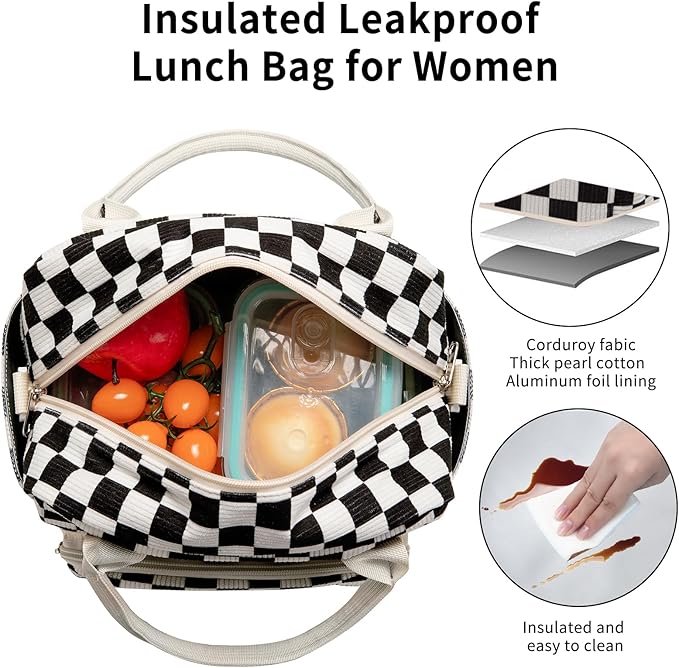 Lunch Bag Women Lunch Box for Women Adult Cute Insulated Lunch Bag Lager Cooler Lunch Tote Bags for Work Picnic (Black-White Plaid)
