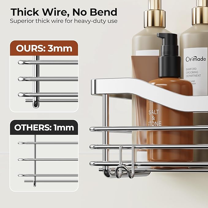 Orimade Shower Caddy Basket Shelf with 5 Hooks Adhesive Organizer Storage Rack Rustproof Wall Mounted Stainless Steel No Drilling for Bathroom, Toilet, Kitchen - 2 Pack
