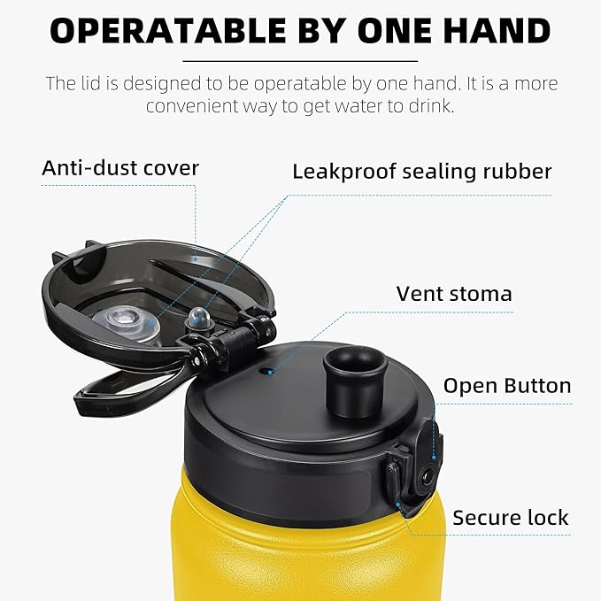 Fanhaw 32 oz Insulated Stainless Steel Water Bottle with Anti-Dust Chug Lid, Leakproof Vacuum Sports Bottle for Men & Women (Yellow)