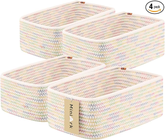 Small Storage Baskets for Organizing | Closet Organizer Bins | Shelf Toy Basket | Woven Rope Baskets | Cube Decorative Box | Shallow Basket | 11.5x7.5x4.7” | 4 Packs Rainbow