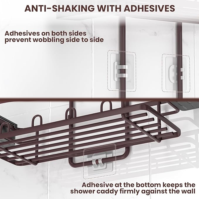 REINHARDT Shower Caddy Hanging, Rustproof Shower Caddy Anti-Swing Shower Organizer No Drilling Showers Racks with Soap Holder Multi Hooks Bathroom Storage for Shampoo Sponge, Bronze