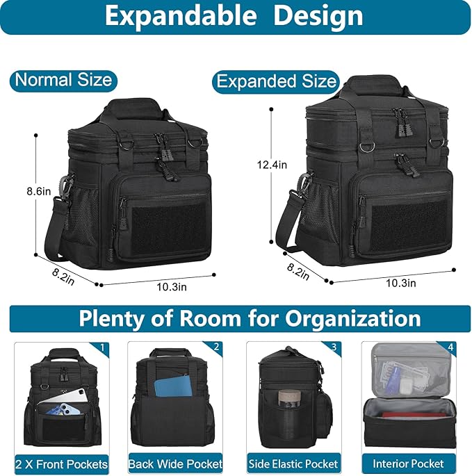GLENKEY Double Deck Insulated Lunch Box, Expandable Large Lunch Bag Leakproof Cooler Bag Lunch Pail for Men Women Adults Work Shifts Travel Daytrip, Black