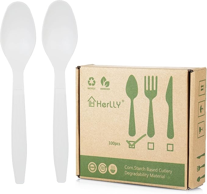 HERLLY Compostable Fork,100 Biodegradable Silverware for Party,Large Disposable Utensils Eco Friendly Durable and Heat Resistant,Alternative to Plastic Fork