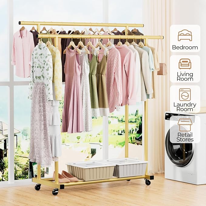 Abiglifty Double Rods Clothes Rack for Hanging Clothes, Clothing Rack with Wheels, Portable Closet Organizer for Laundry, Room (Gold)