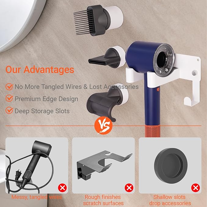 Hair Dryer Holder, Hair Dryer Holder Wall Mounted Self Adhesive Hairdryer Holder forDyson Aluminum Blow Dryer Holder Wall Mounted Black Hairdryer Hanger for Bathroom White CHOCHOYAH