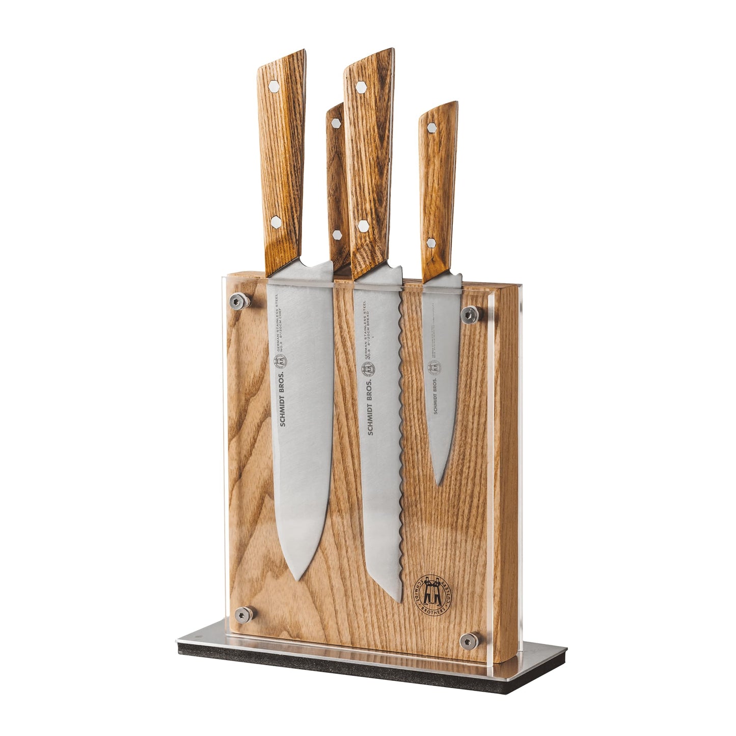 Schmidt Brothers - Hex 5-Piece Knife Block Set, High-Carbon German Stainless Steel Cutlery with Natural White Oak and Acrylic Magnetic Knife Block