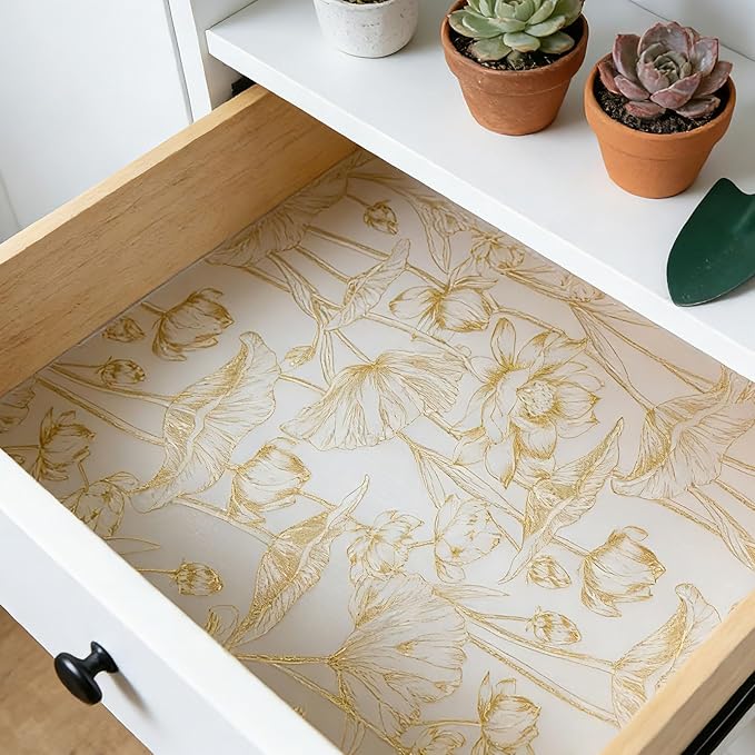 Shelf Liners Non Adhesive Light Base Gold Lotus Pattern - Thickened Non-Slip Easy to Clean Drawer Liner for Kitchen Cabinets, Tool Box, Refrigerator, with Knife & Tape Measure, 12in x 20FT