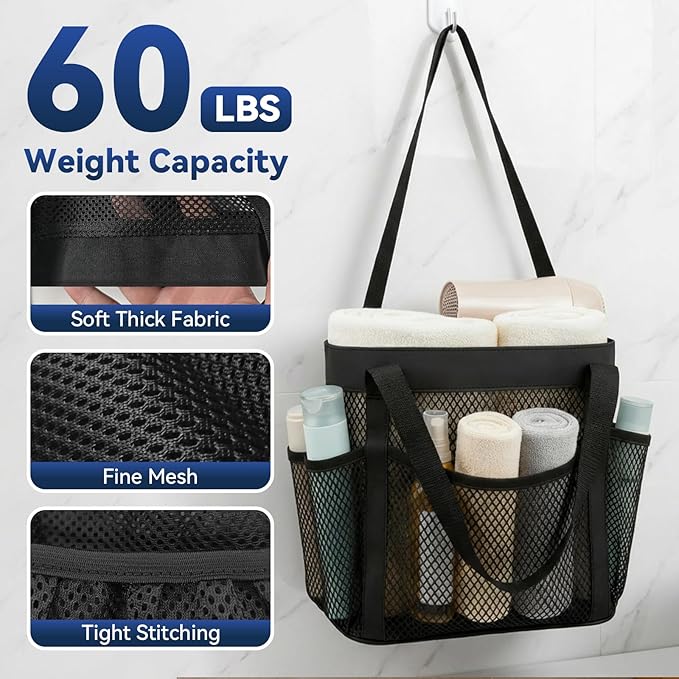 YASONIC Mesh Shower Caddy Portable for Dorm College Room Essentials, 8-Pocket Large Shower Bag with Double Handles, Hanging Shower Basket for Beach, Swimming, Bathroom, Beach, Camp, Gym, Black