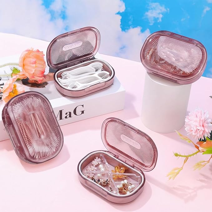 4 Pcs Qtip Holder Pink Hair Tie organizer Small Container Portable Travel Qtips Case Cotton Swab Holder Flosser Dispenser 3.94 x 2.76 Inch