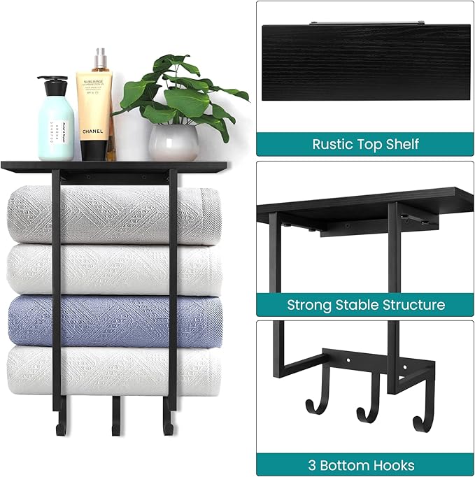 ELITEROO Towel Holder for Bathroom Wall, Towel Rack with Shelf and Hooks, Hanging Towel Organizer for Small Bathroom Storage, Wooden Rolled Towel Shelf for RV, Camper, Black