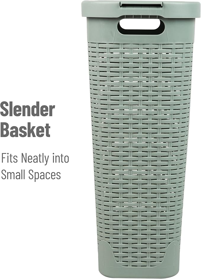 Mind Reader Slim Laundry Hamper with Lid, 40L Clothes Basket, Premium Wicker Design, Plastic, Mint