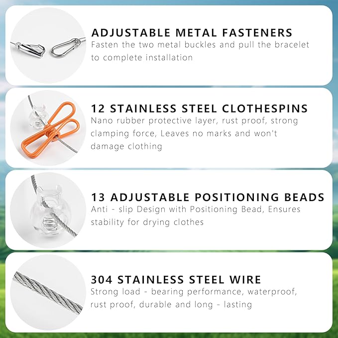 Travel Clothesline Length 9.8Ft with 12 Clothespins, Wire Rope Adjustable Length, Indoor Clothesline, Outdoor Camping Accessories