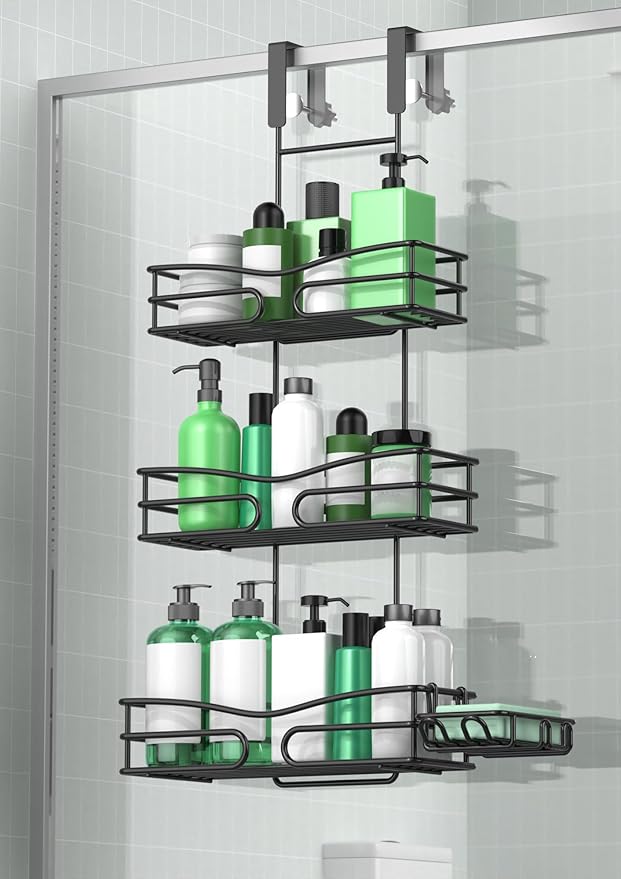 Over the Door Shower Caddy Hanging, 3 Tier Adjustable Shower Organizer with Soap Holder, Rustproof Bathroom Shelves Hanging on the Bathroom Glass Door, Matte Black