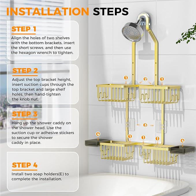 REINHARDT Aluminum Shower Caddy Hanging Adjustable Shower Caddy, Rustproof Hanging Shower Organizer with Hooks Soap Holders, Over Shower Head Caddy for Handheld Showerhead, Gold