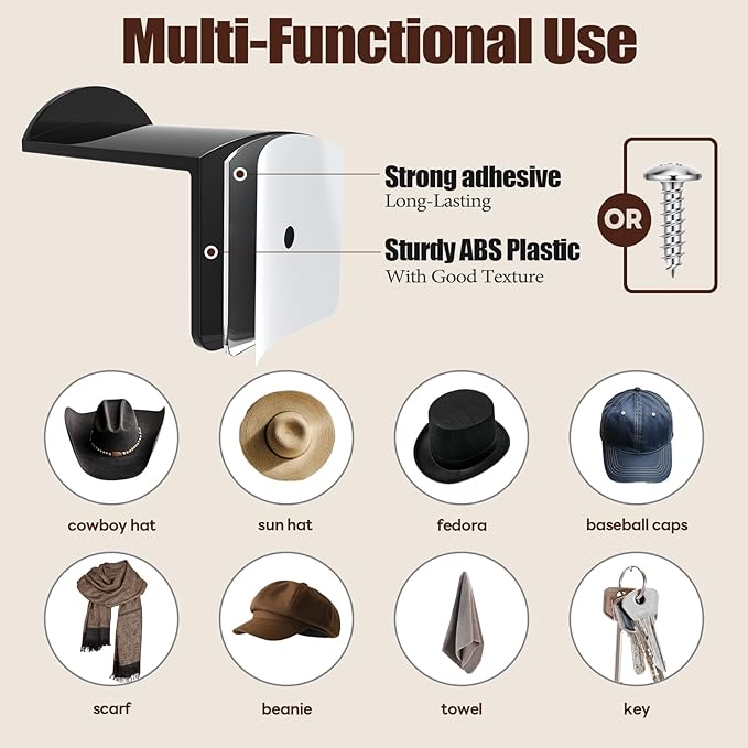 2.8 Inch Hat Hooks for Wall - (8 Pack) Cowboy Hat Rack, Strong Adhesive Cap Holder, Organizer for Baseball Caps, Western Room Decor - Black