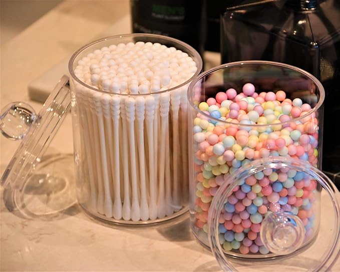 3 Pack Qtip Holder Storage Canister for Cotton Ball, Cotton Swab, Pads, Floss; 10-Ounce Clear Plastic Apothecary Jar with Lid, Bathroom Makeup Organizer (3)