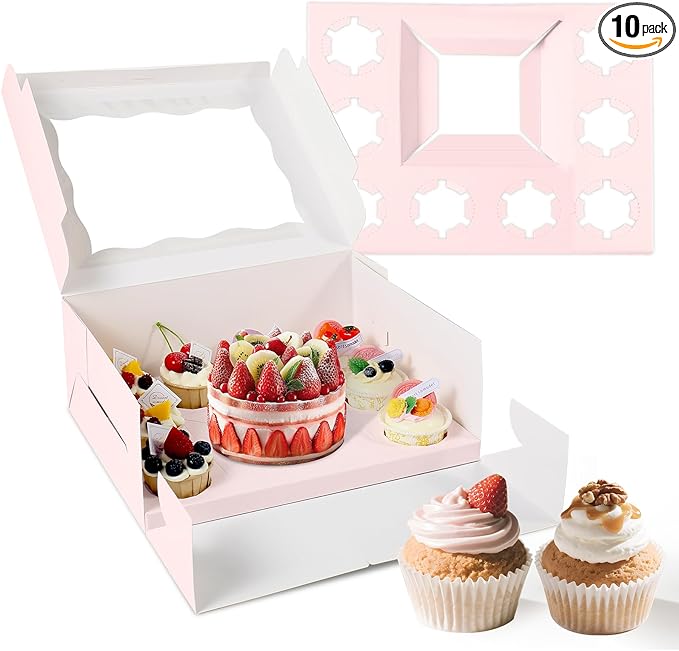 CHENZEM 10 Packs Bento Cake and Cupcake Box 3 Holes Fit 2 Cupcakes and 1 Mini Cake Box with Clear Window and Stickers for Father ‘s Day Birthday Party Bakery Baking Supplies. (1+2/10pcs)