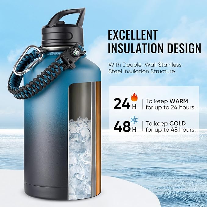 Half Gallon Water Bottle with 2 Lids (Straw & Spout), 304 Stainless Steel Sports Insulated Bottle with Handle, 64 oz Vacuum Double Walled Water Jug with Wide Mouth, BPA Free, Blue&Black